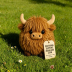 Aarenza Highland Cow plush toy with festive Christmas decorations, soft and cuddly emotional support plush for holiday cheer