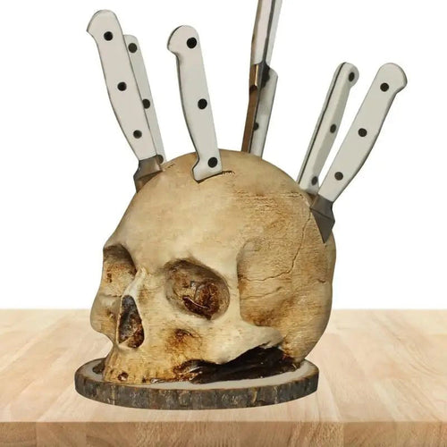 Arenzza Gothic Skull Knife Holder with spooky design, perfect for Halloween and Christmas decorations, featuring a detailed skull shape.