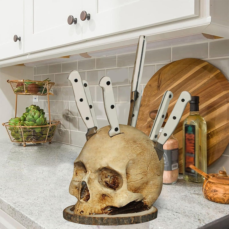 Arenzza Gothic Skull Knife Holder for Halloween and Christmas, featuring a detailed skull design on a dark stand.