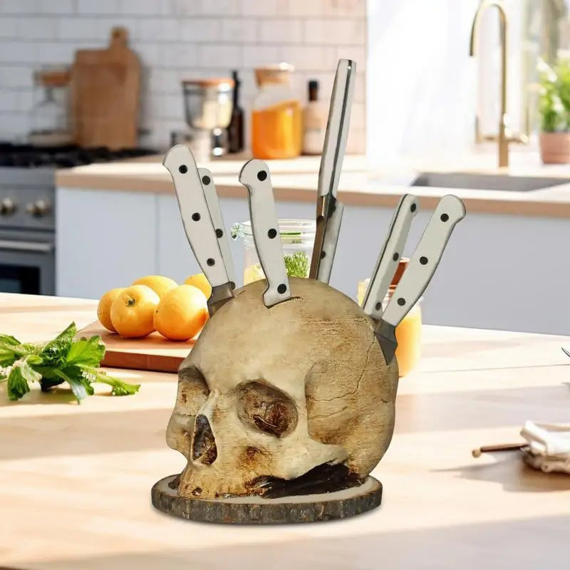 A black gothic skull knife holder from Arenzza, designed for Halloween and Christmas decoration, with a detailed skull shape.