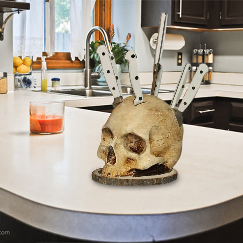 Arenzza Gothic Skull Knife Holder for Halloween and Christmas, featuring a dark skull design, perfect for festive kitchen decor.