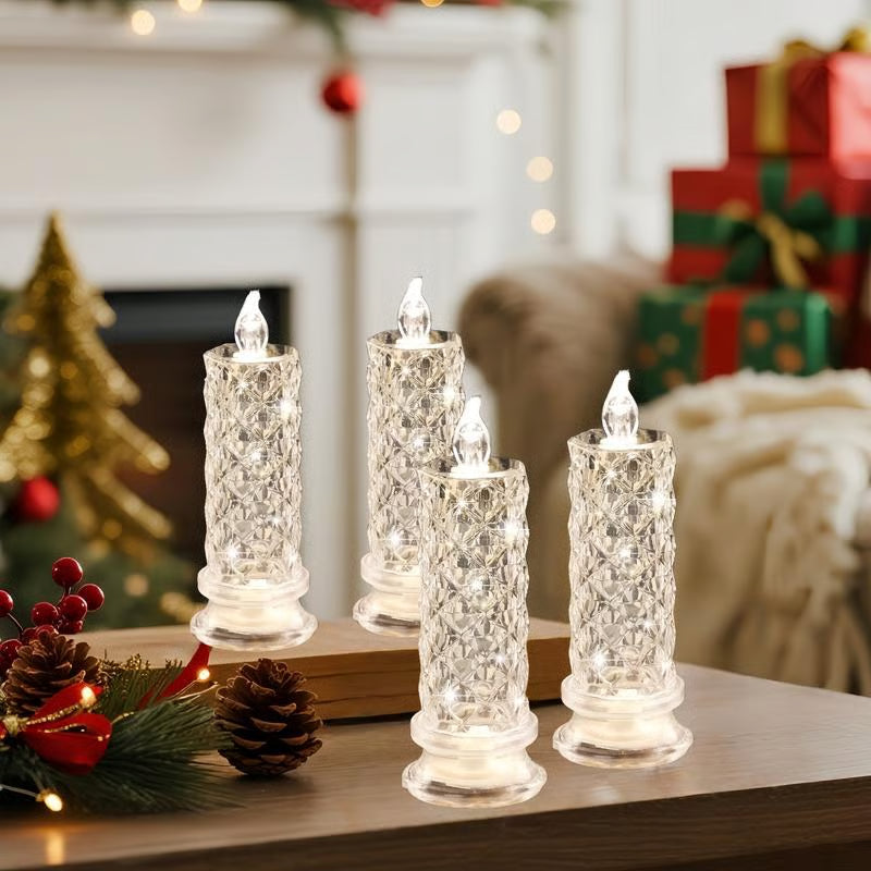 Set of 4 Arenzza LED crystal candle lights, romantic Halloween and Christmas tabletop night lights with warm glowing effects.