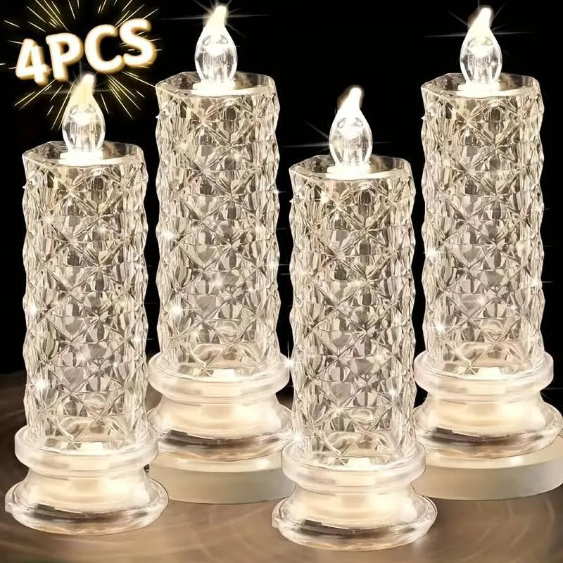 Set of 4 Arenzza LED crystal candle lights with romantic glow, perfect for Halloween and Christmas tabletop decorations.