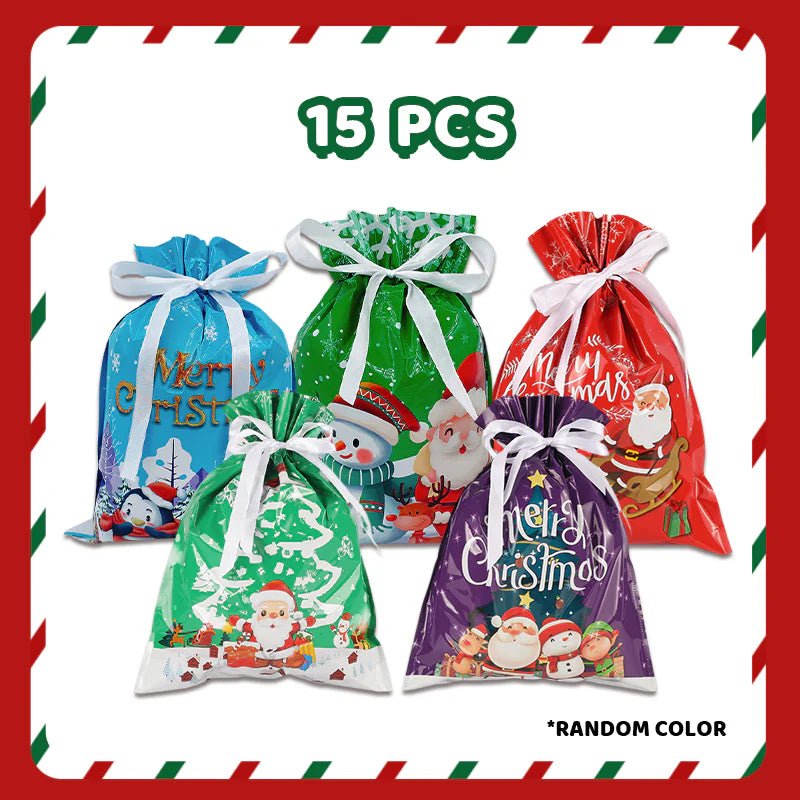 Arenzza Christmas gift bag with drawstring, festive red and green design, perfect for holiday presents and Christmas gift wrapping.