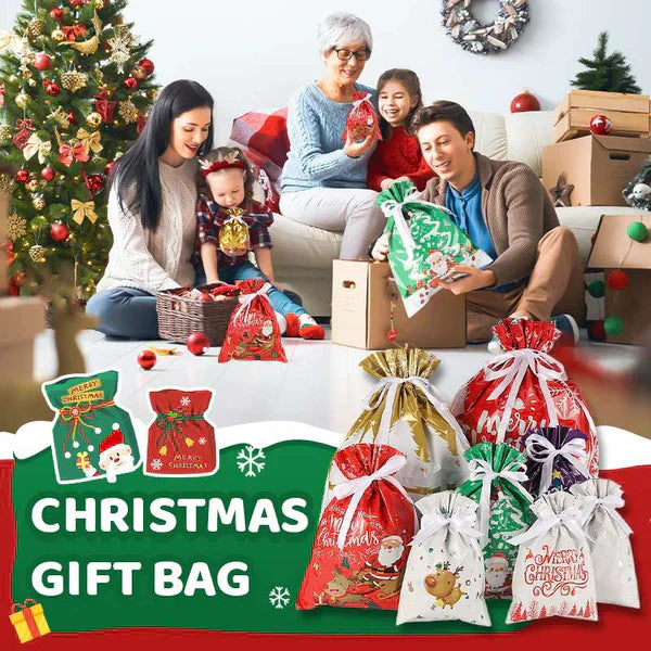 Aarenza Christmas gift bag with drawstring, festive red and green design, perfect for holiday gift wrapping and celebrations