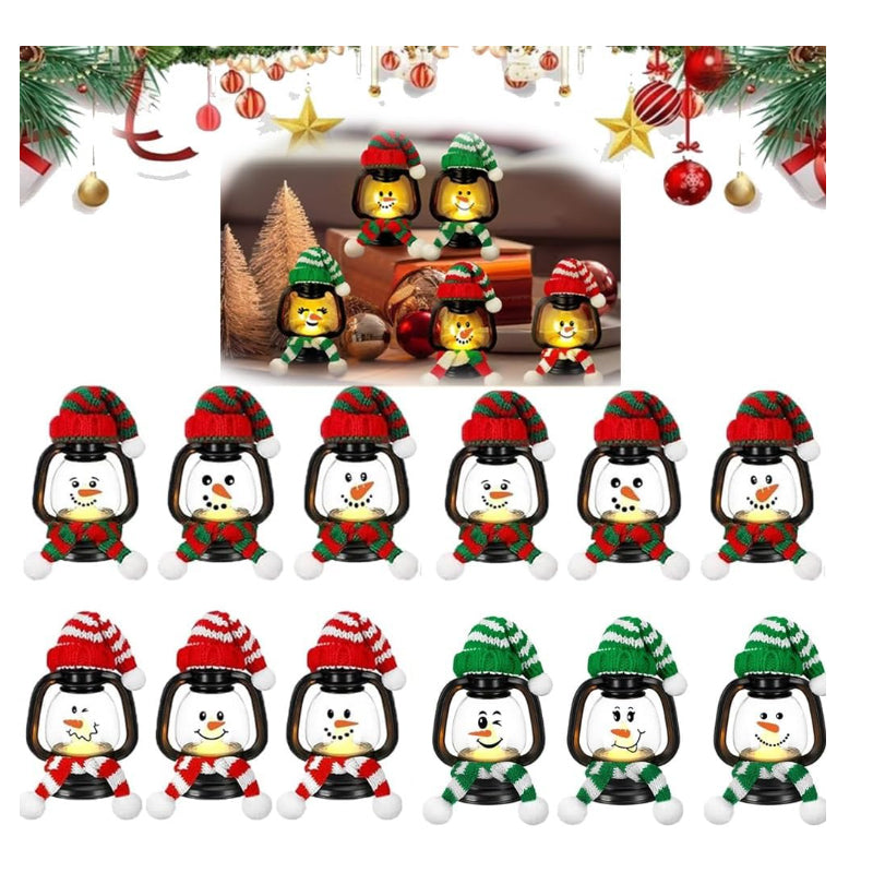 Arenzza Christmas mini snowman lantern with hats and scarves, festive holiday Halloween and Christmas decoration.