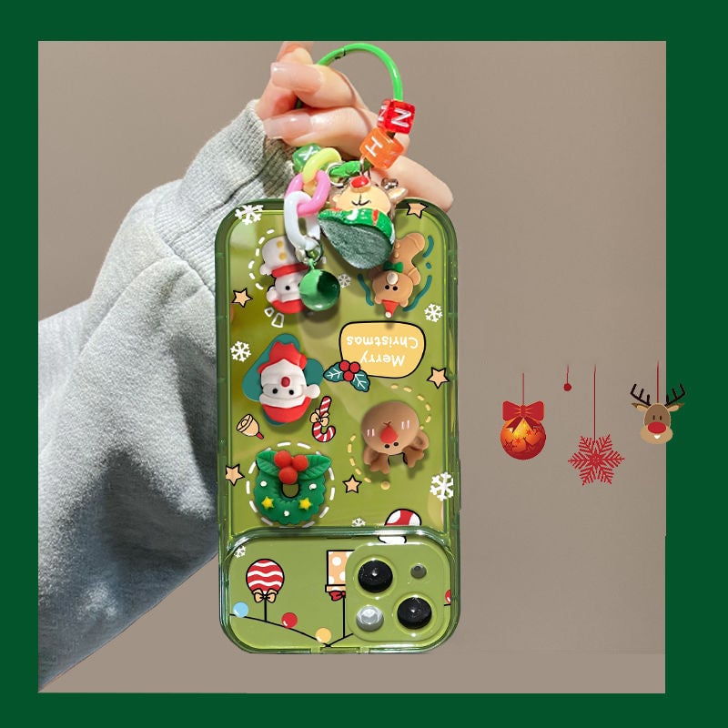 Arenzza Christmas tree pendant flip mirror case cover for iPhone with festive holiday design featuring Christmas and Halloween themes.