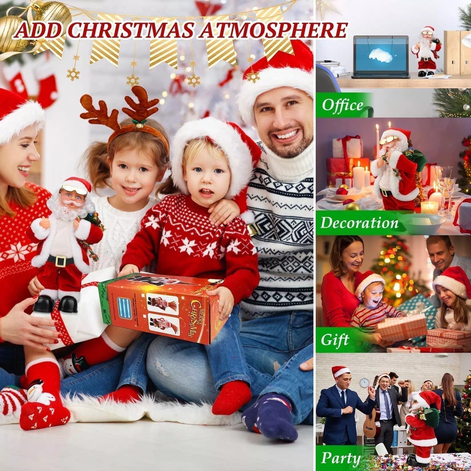 Arenzza electric dancing Santa Claus figure with music, festive holiday decoration for Christmas and Halloween displays.