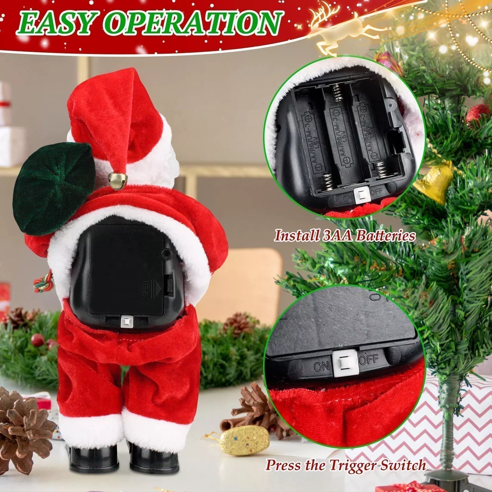 Arenzza Electric Dancing Music Santa Claus figure with holiday costume and musical features, suitable for Christmas decorations.