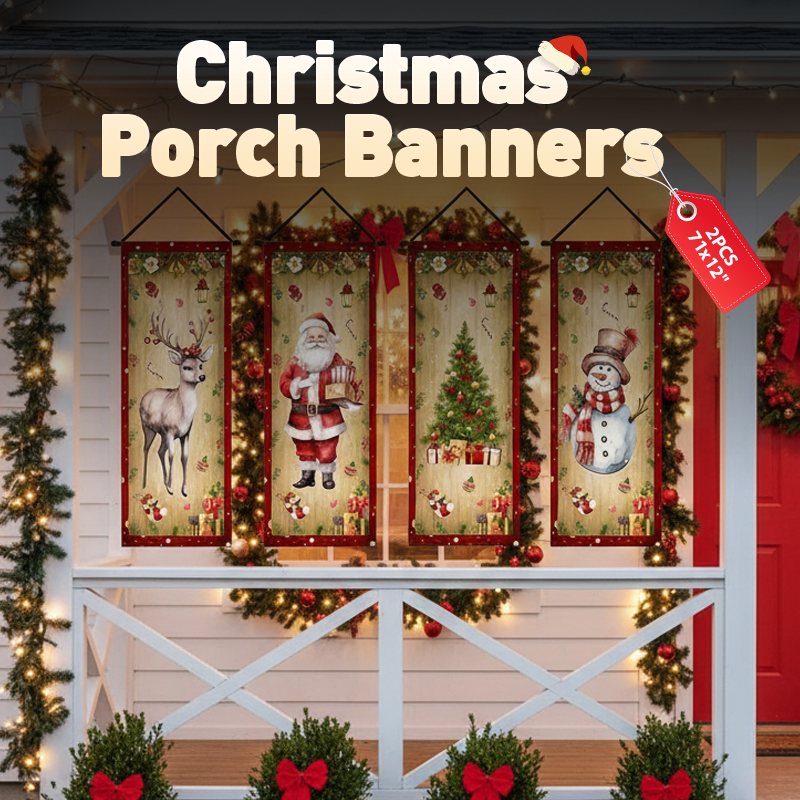 Arenzza 2-piece Christmas porch banners measuring 71x12 inches, featuring festive holiday and Halloween designs for outdoor decoration.
