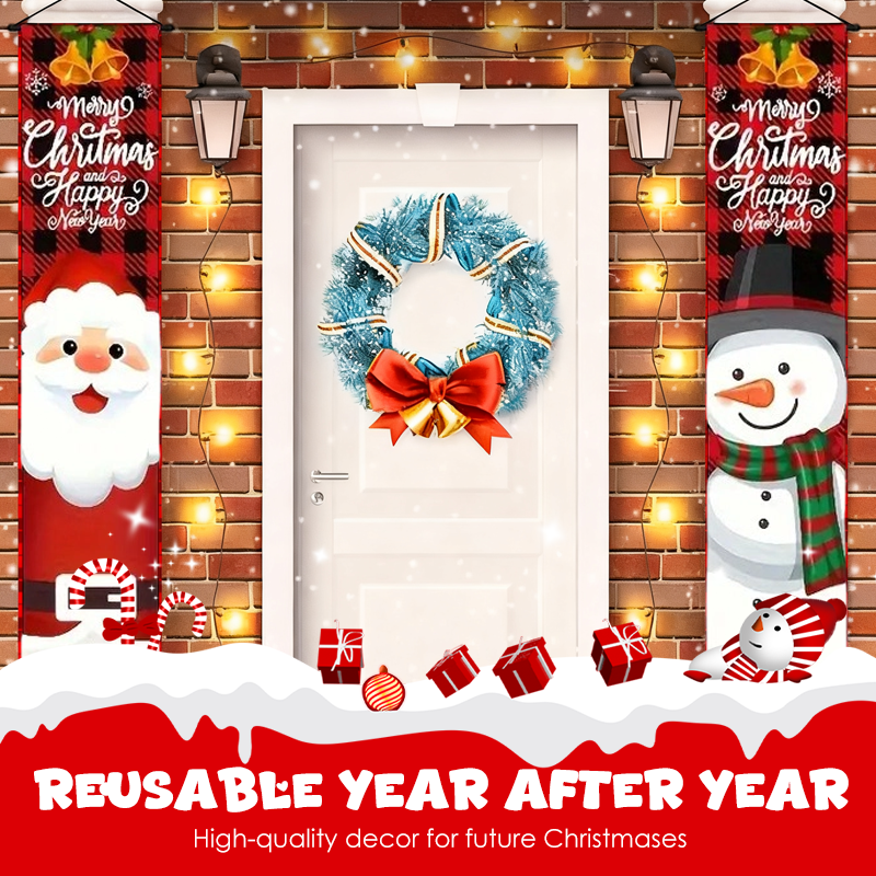 Arenzza 2-pack Christmas and Halloween porch banners, 71x12 inches, with festive holiday designs hanging outdoors