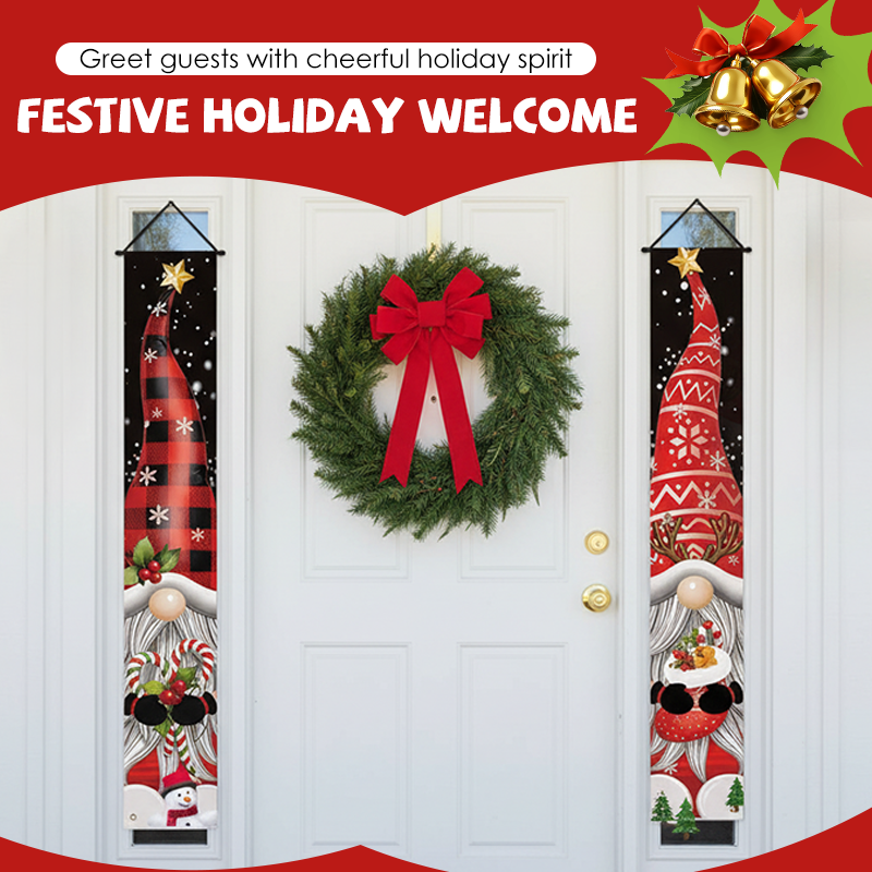Two Arenzza Christmas porch banners measuring 71x12 inches with festive Halloween and Christmas designs for outdoor holiday decorating.
