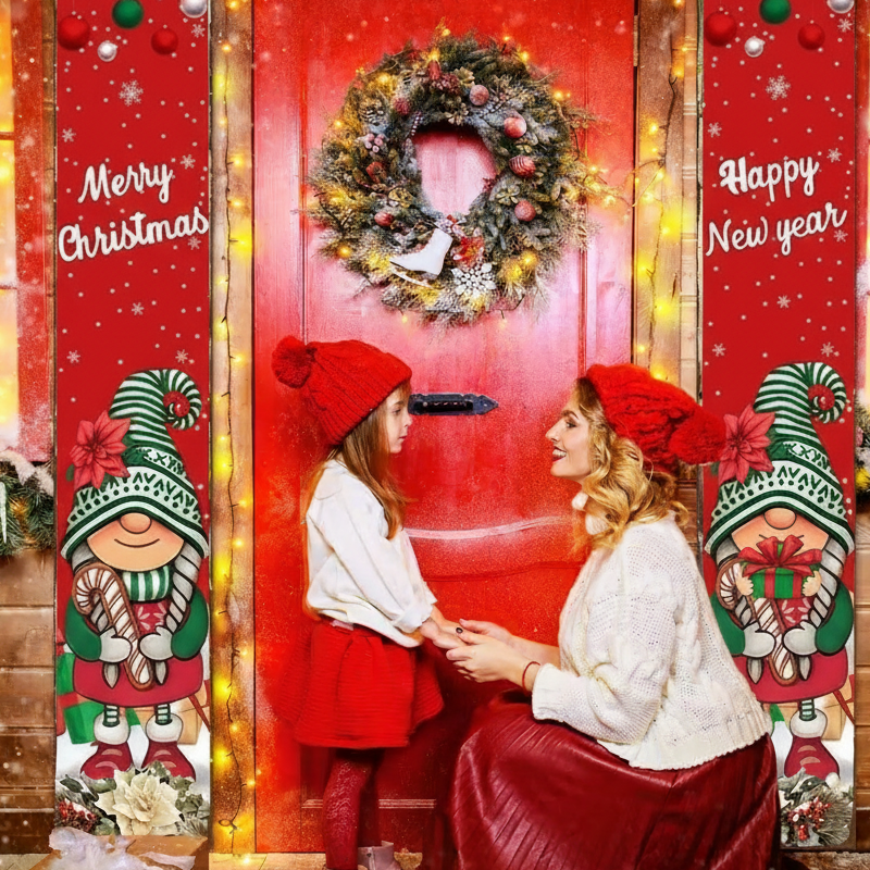 Arenzza 2-piece Christmas porch banners with festive holiday designs for Halloween and Christmas decorations.