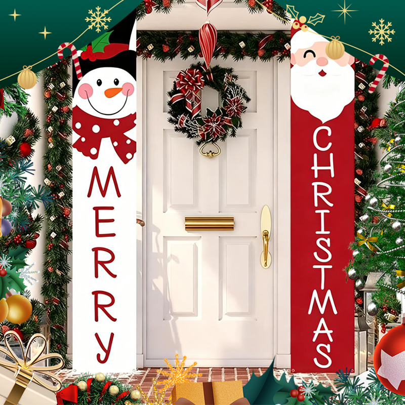 Arenzza 2-pack Christmas porch banners with festive holiday designs, measuring 71x12 inches, for Halloween and Christmas celebration.