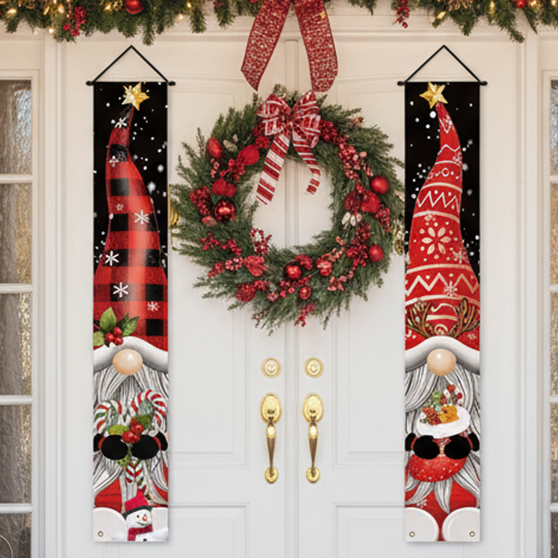 Arenzza 2-piece Christmas porch banners with festive holiday designs, perfect for decorating outdoor spaces during Christmas season.