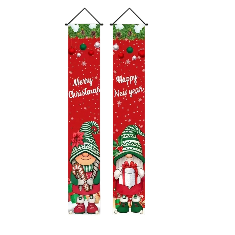 Arenzza 2-piece Christmas porch banners with 71x12-inch Halloween and Christmas designs hanging outdoors.