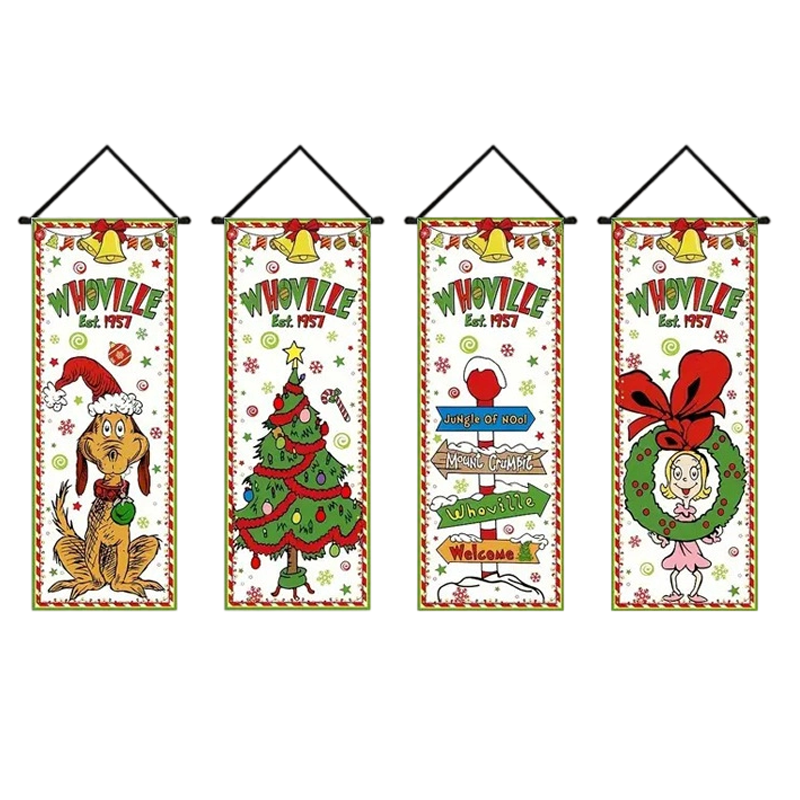 Arenzza 2-pack Christmas porch banners measuring 71x12 inches, featuring festive holiday designs for Halloween and Christmas.