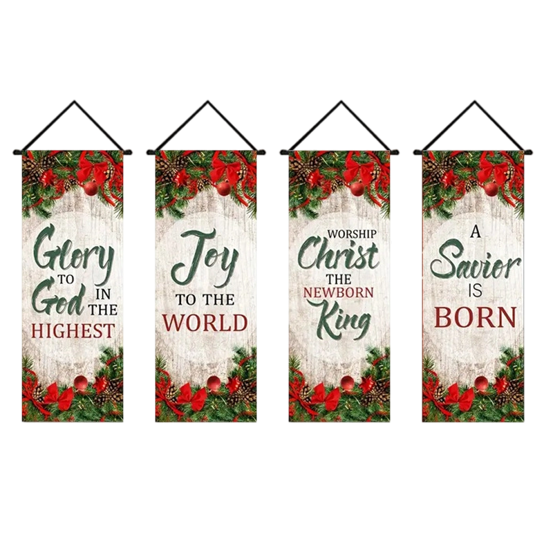 Arenzza 2-pack Christmas porch banners featuring festive holiday designs, measuring 71x12 inches, for seasonal outdoor decoration.