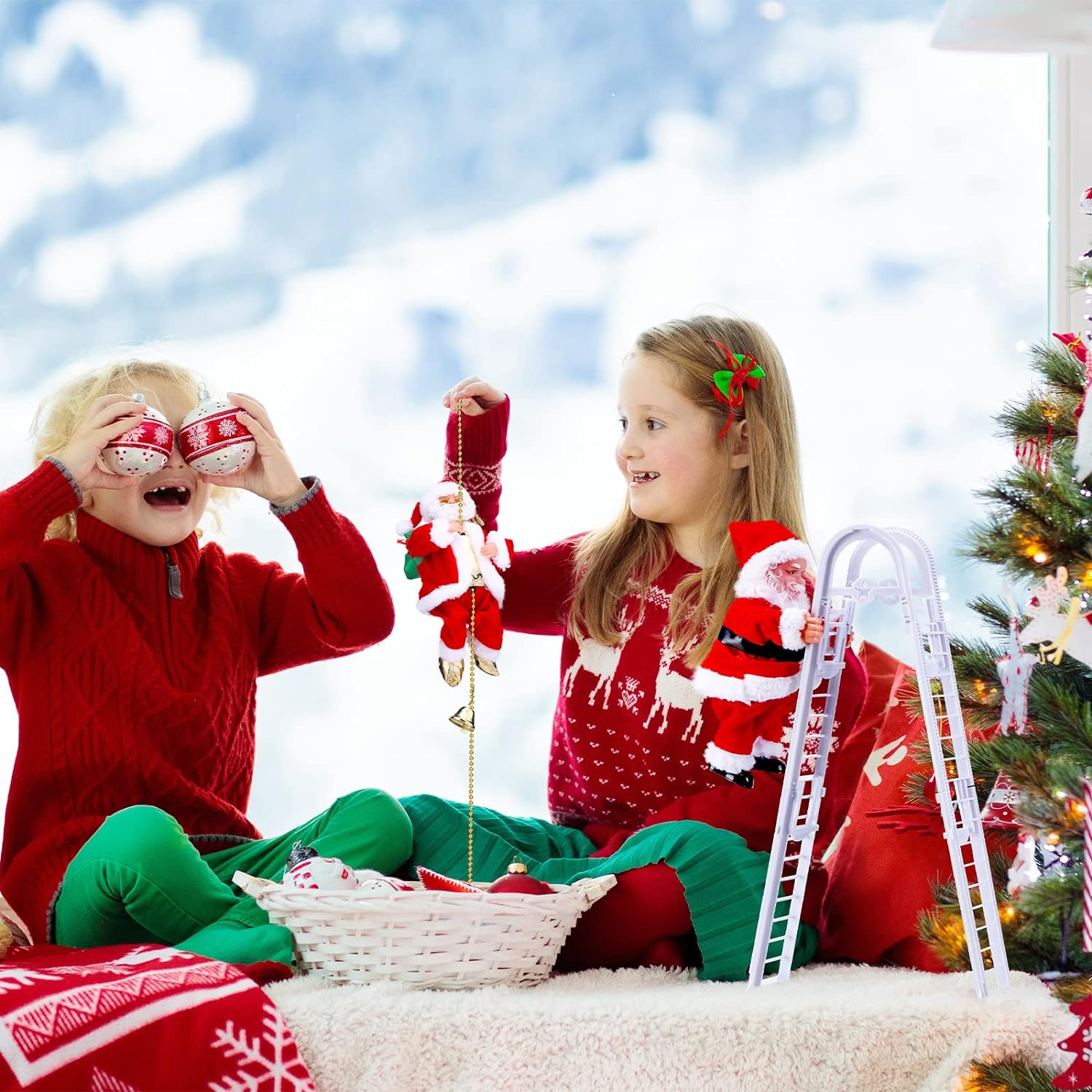 Arenzza electric fireplace climbing Santa Claus musical toy for Christmas and Halloween decorations featuring a festive Santa figure.