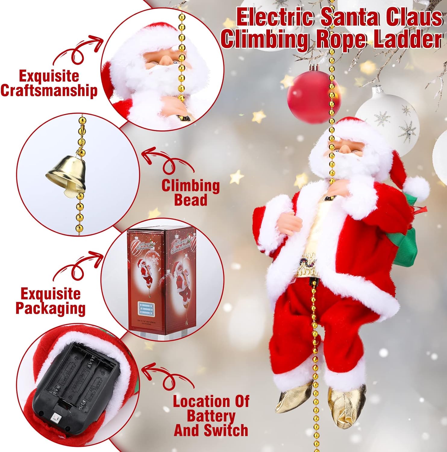 Aarenza electric fireplace climbing Santa Claus musical toy for Christmas and Halloween decorations, with festive holiday details.