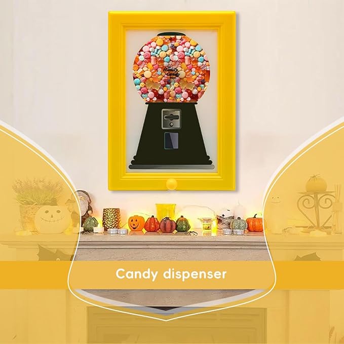 Arenzza candy dispenser picture frame with Halloween and Christmas themed designs, wall-mounted or tabletop display, colorful and fun.