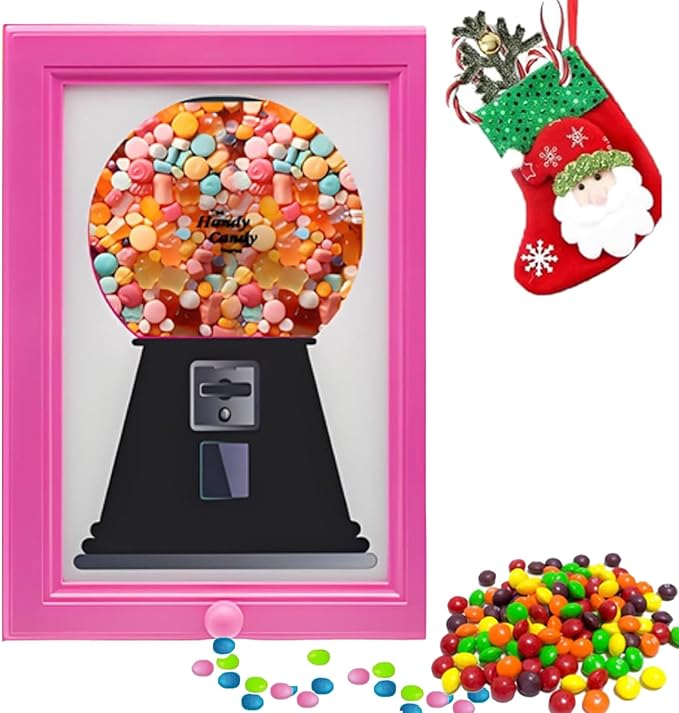 Arenzza candy dispenser picture frame with Halloween and Christmas themes, wall-mounted or tabletop display, featuring festive decorations.