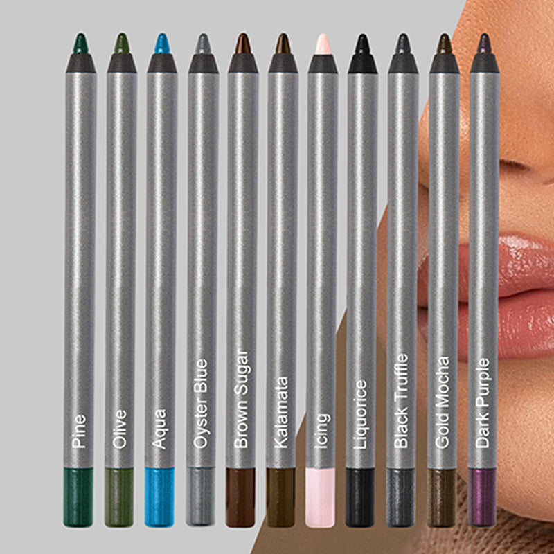 Arenzza waterproof long-lasting eyeliner pencil in black, shown with the pencil tip and sleek packaging.