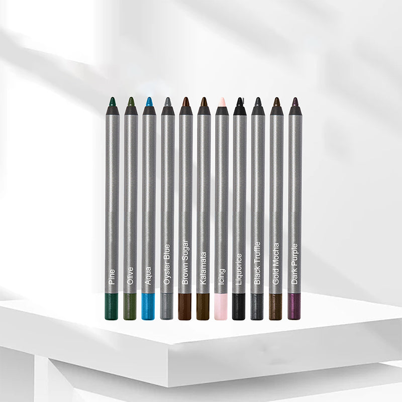 Arenzza waterproof long-lasting eyeliner pencil in deep black, shown with the product packaging and swatched on skin.