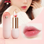 Arenzza Flower Clear Jelly Lipstick showing temperature-changing color on lips, with floral design and glossy finish.