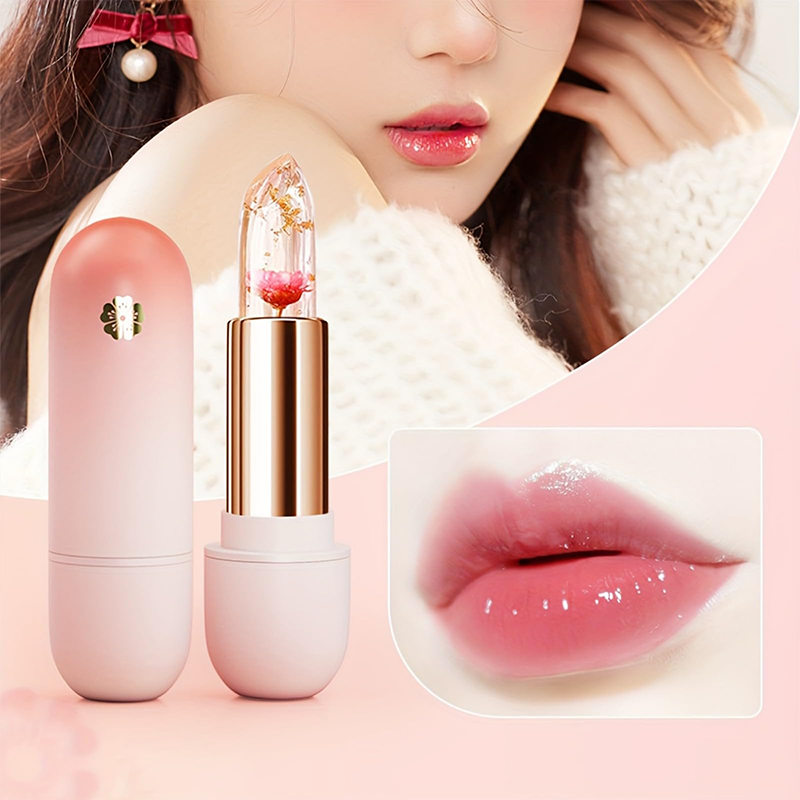 Arenzza Flower Clear Jelly Lipstick showing temperature-changing color on lips, with floral design and glossy finish.