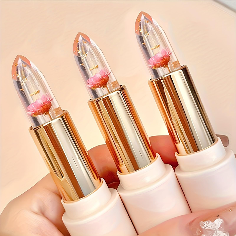 Arenzza Flower Clear Jelly Lipstick with temperature-changing color, showing vibrant pink and glossy finish on lips.