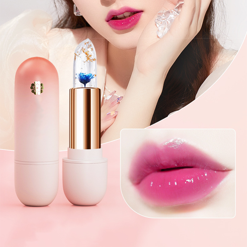 Arenzza Flower Clear Jelly Lipstick with temperature-changing color, shown in a sleek, transparent tube with floral design.