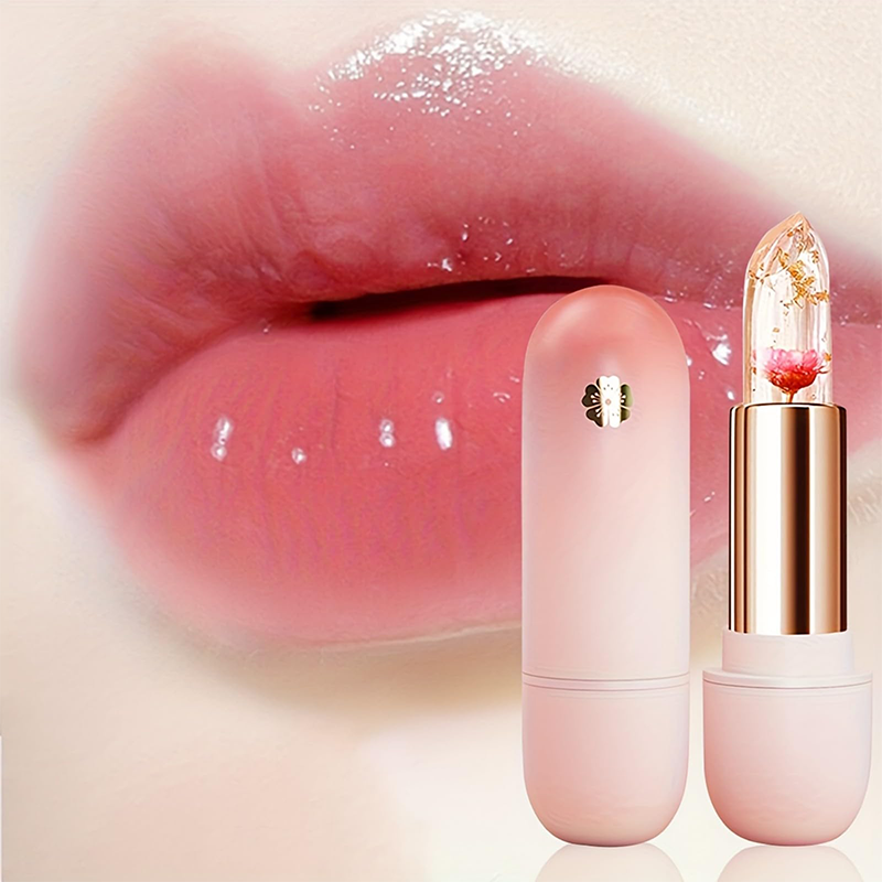 Arenzza flower clear jelly lipstick with temperature-changing color, shown in a transparent jar with blooming flower design.