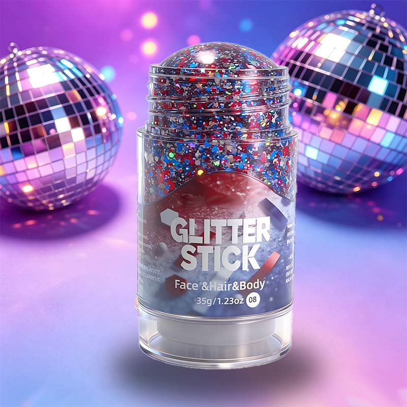 Arenzza multi-use chunky glitter gel stick in vibrant colors, shown with the gel applied and shimmering on the skin.