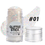 Arenzza multi-use chunky glitter gel stick in vibrant colors, showing the gel's sparkling, textured surface ready for beauty application.