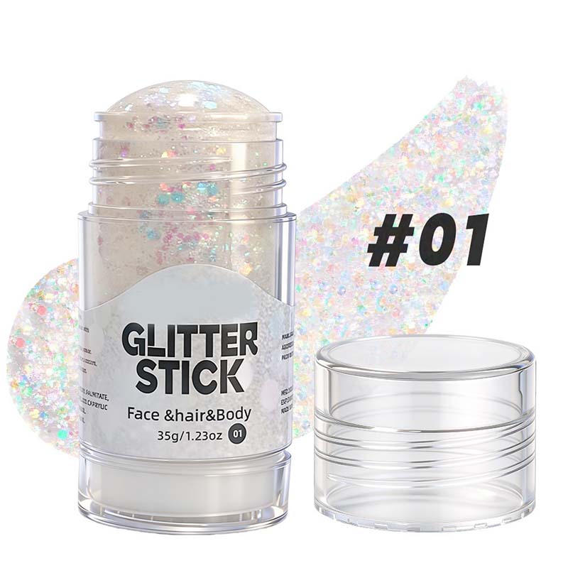 Arenzza multi-use chunky glitter gel stick in vibrant colors, showing the gel's sparkling, textured surface ready for beauty application.