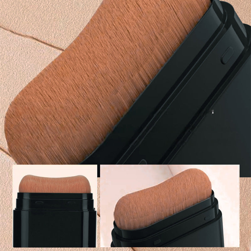 Arenzza 2-in-1 foundation stick with brush, showcasing the sleek stick and attached brush for easy makeup application in a natural setting.