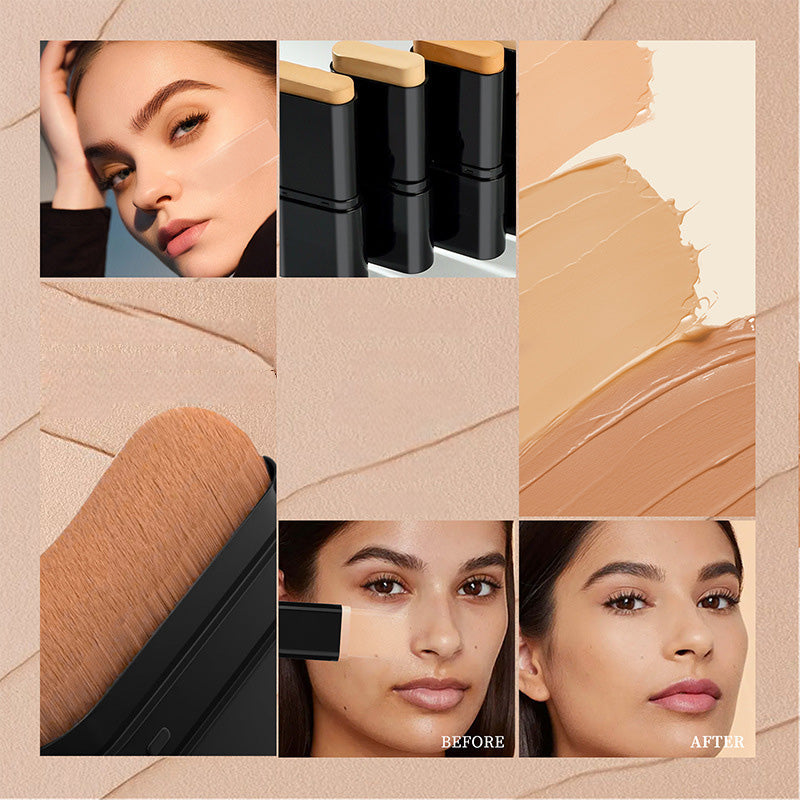 Arenzza 2-in-1 foundation stick with brush for flawless makeup application, featuring a sleek design and built-in brush.