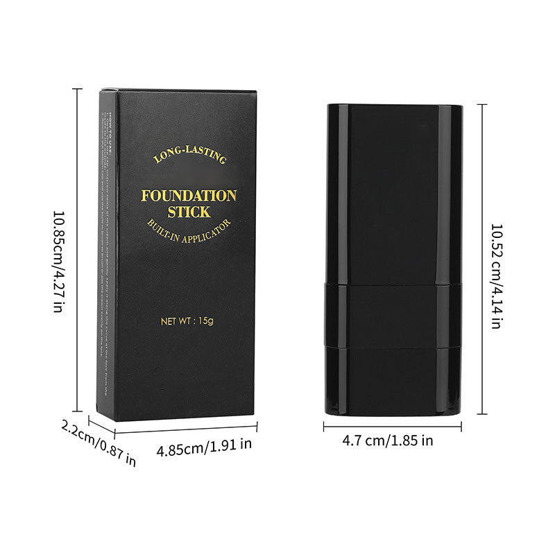 Arenzza 2-in-1 foundation stick with built-in brush for easy application, shown with the stick and brush visible in a sleek compact case.