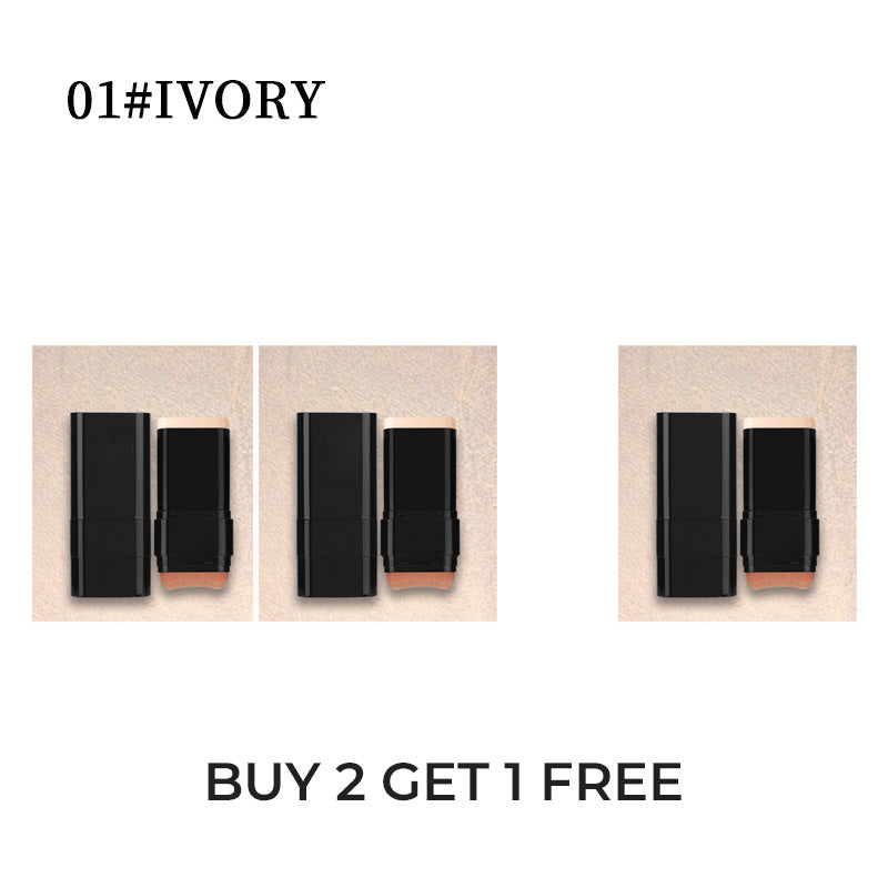 Arenzza 2-in-1 foundation stick with built-in brush for smooth, portable makeup application in a sleek black stick.