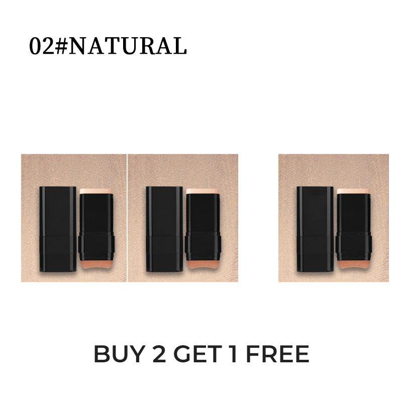 Arenzza 2-in-1 foundation stick with brush for easy makeup application, featuring a sleek design and creamy foundation inside.