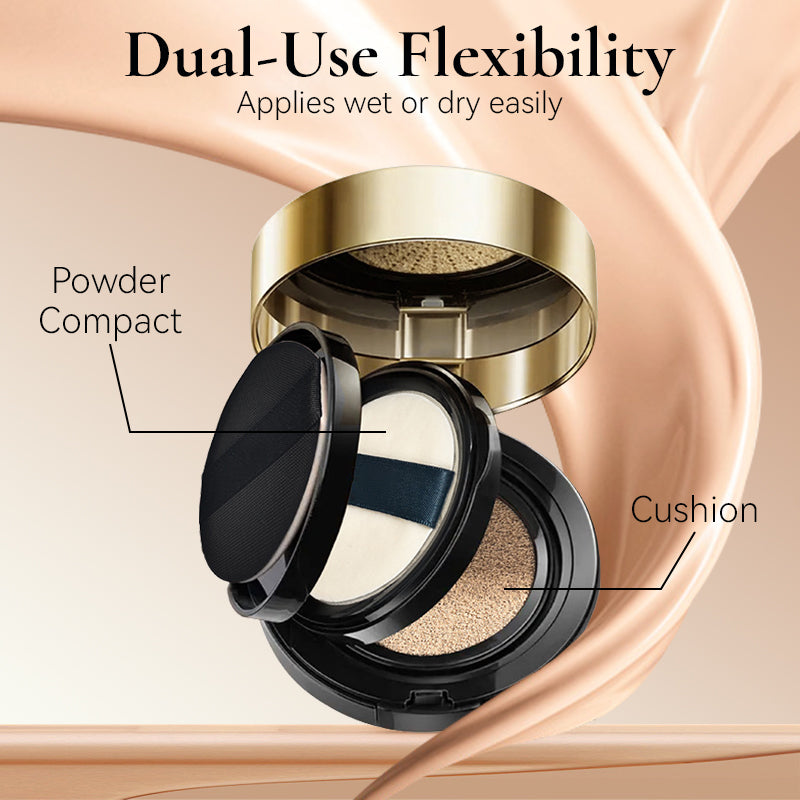 Arenzza double-layer concealer cushion powder compact with open lid, showing two layers for 2-in-1 skin coverage and touch-up.