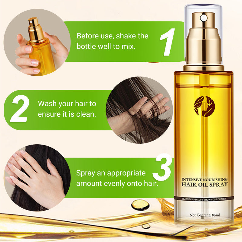 Arenzza nourishing hair oil spray bottle with a sleek design, suitable for intensive hair nourishment and shine.