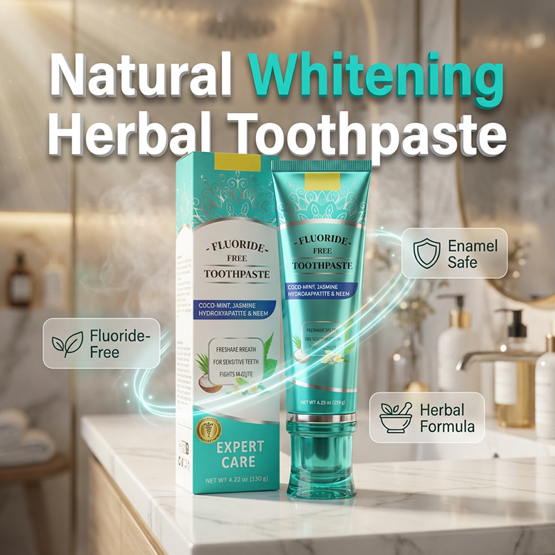 Arenzza Natural Coco-Mint & Neem Toothpaste tube with mint leaves and neem plant, showcasing a health and beauty oral care product.