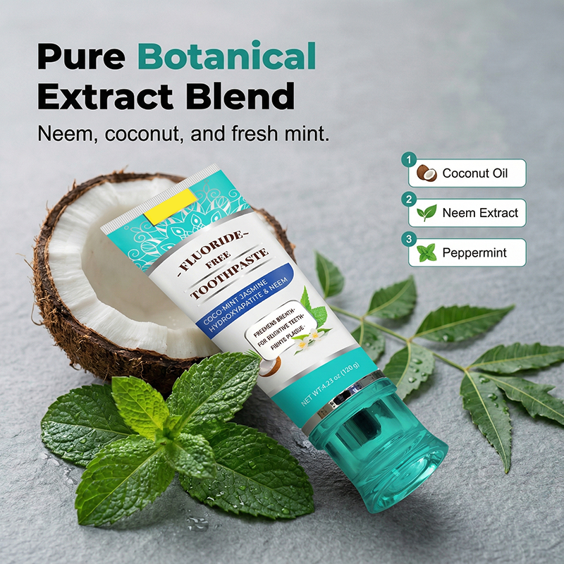 Natural Coco-Mint & Neem Toothpaste by Arenzza, featuring a tube with a white cap and a label showing coconut, mint, and neem ingredients.