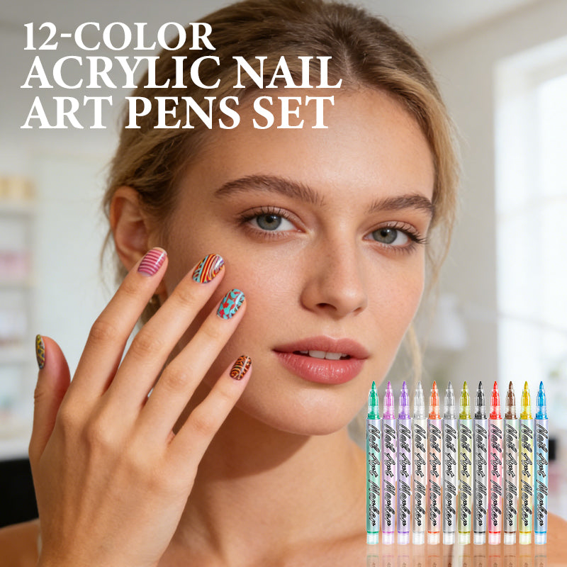 A set of 12 Arenzza acrylic nail art pens with vibrant colors and fine tips for easy DIY nail designs.
