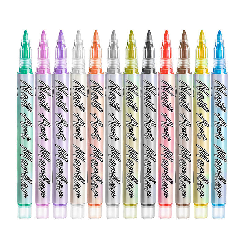 A set of 12 vibrant acrylic nail art pens with fine tips for DIY manicure designs, branded Arenzza, displayed on a white background.