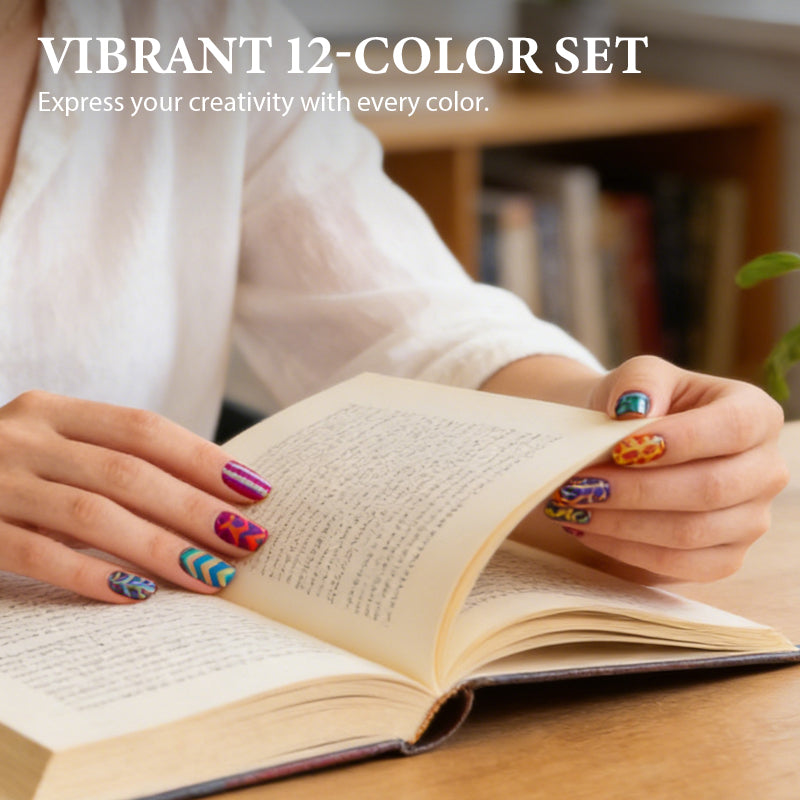 A set of 12 vibrant acrylic nail art pens with fine tips from Arenzza, perfect for DIY nail designs and detailed nail art.