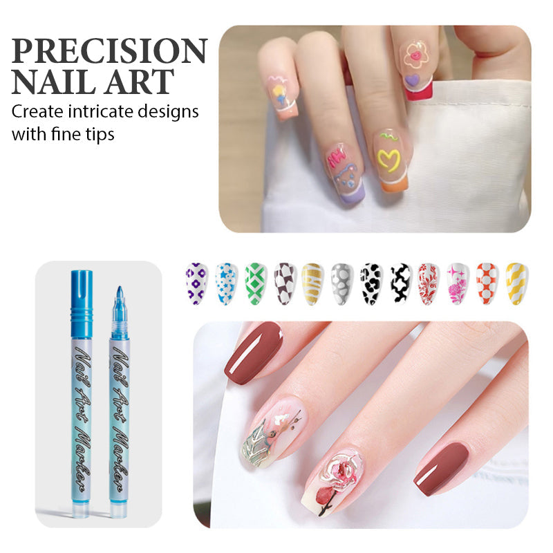 Arenzza 12-color acrylic nail art pens with vibrant pigments, fine tips, and easy-to-use design for DIY nail decorating.