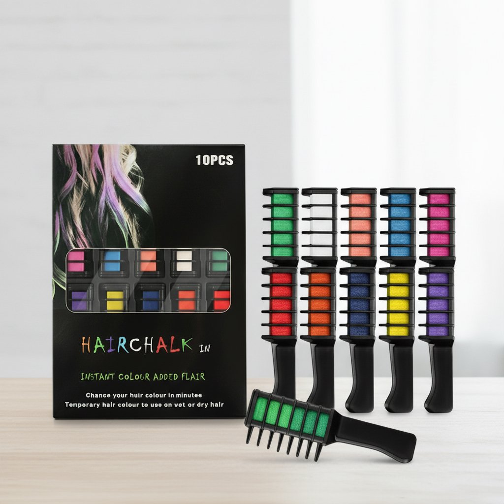 Arenzza festive fun hair chalk combs in vibrant colors, perfect for temporary hair coloring and creative styling.
